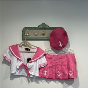 Dolls Kill 3 piece Pink and White French Sailor Mini skirt Set plus size xxl new